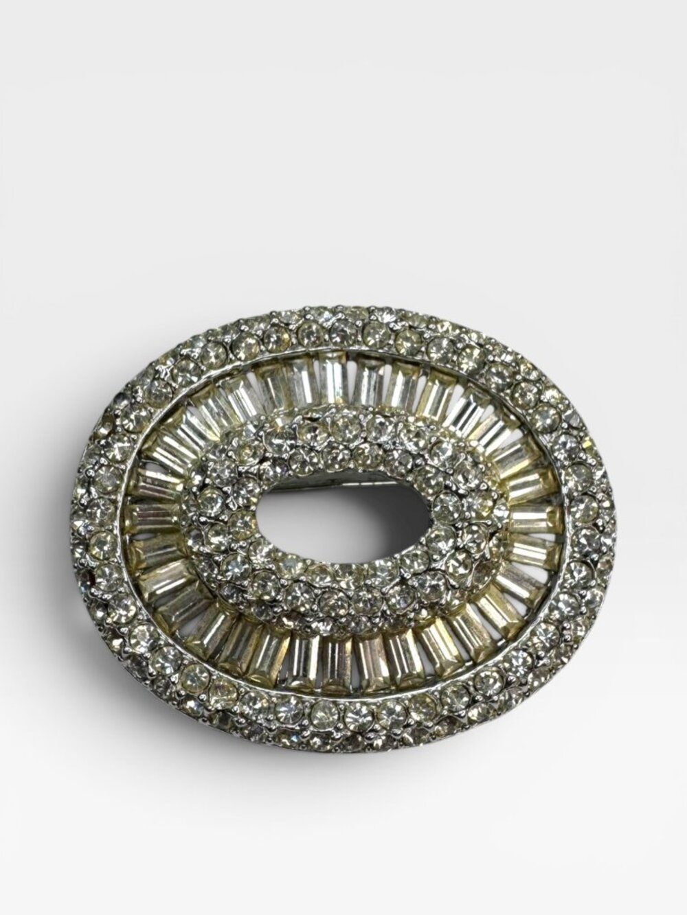 Oval Crystal Brooch Silver Tone Open Center Pin Vintage 1950s
